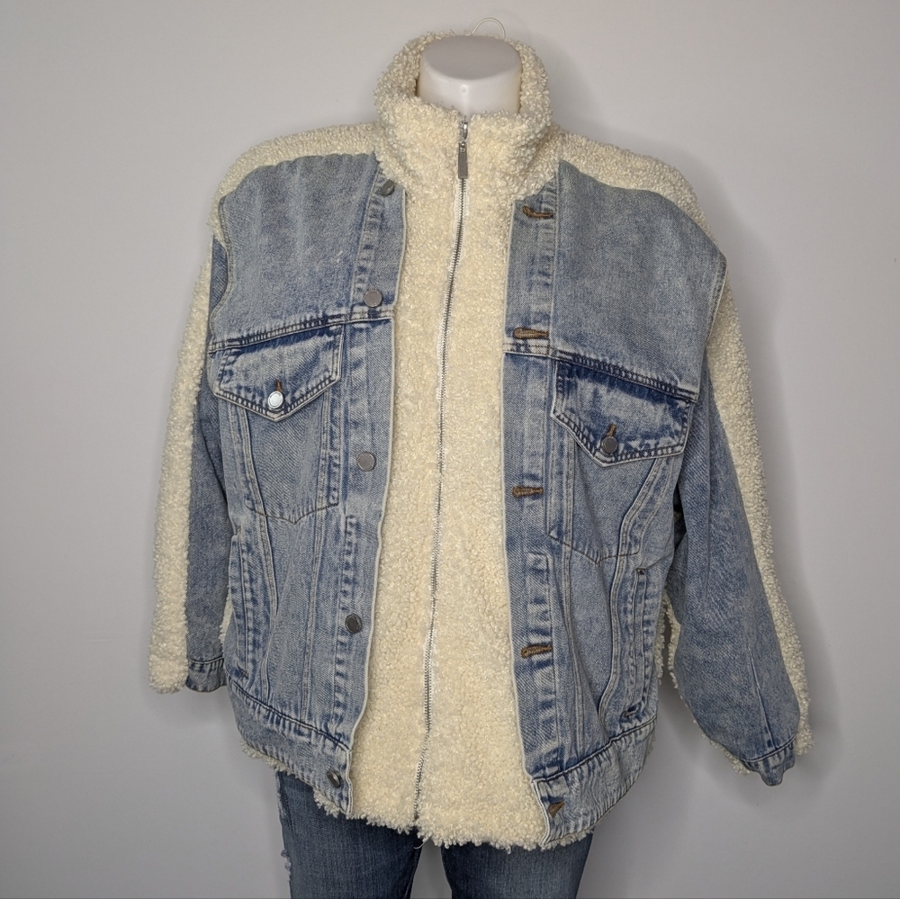 NWT Blank NYC Bear Hug Sherpa Lined Denim Front Zip Up Winter Jacket L